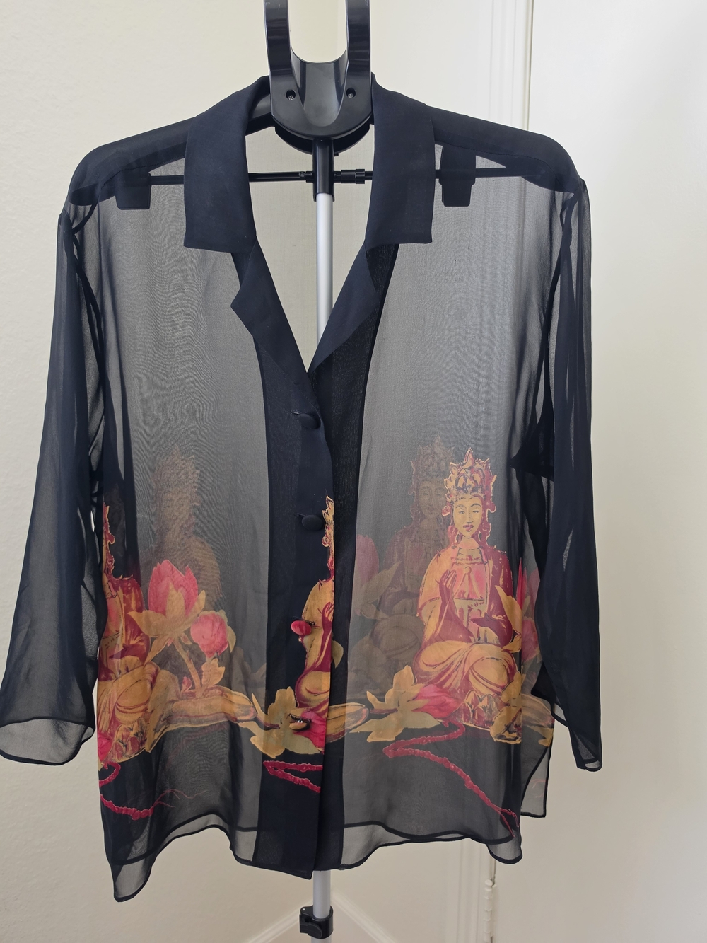 Vintage HARARI 100% Silk Asian Art Print Blouse Jacket Size L Made USA